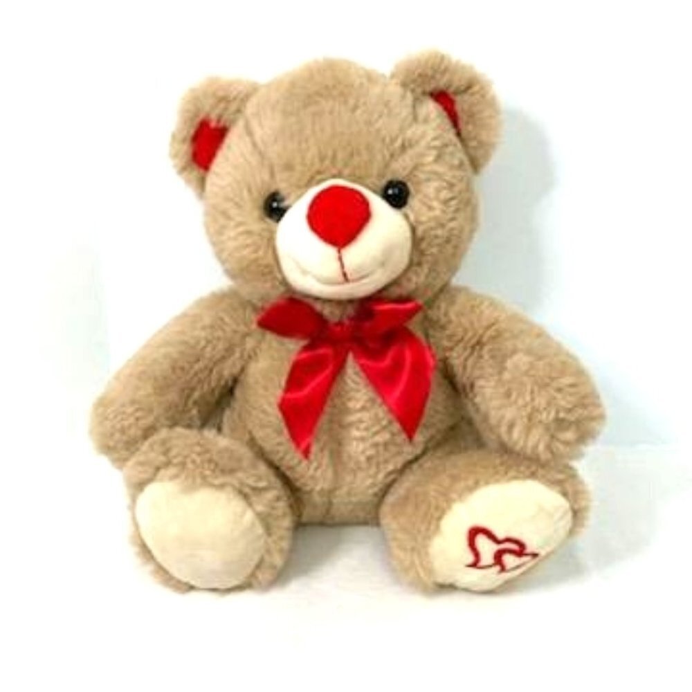 Tan Bear Plush‎ w/ Red Ribbon, Nose & Hearts on Paw